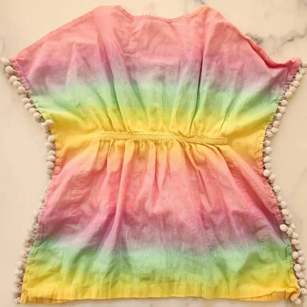 More than Magic XS 4/5 girls rainbow swim cover up pom pom trim swimming top